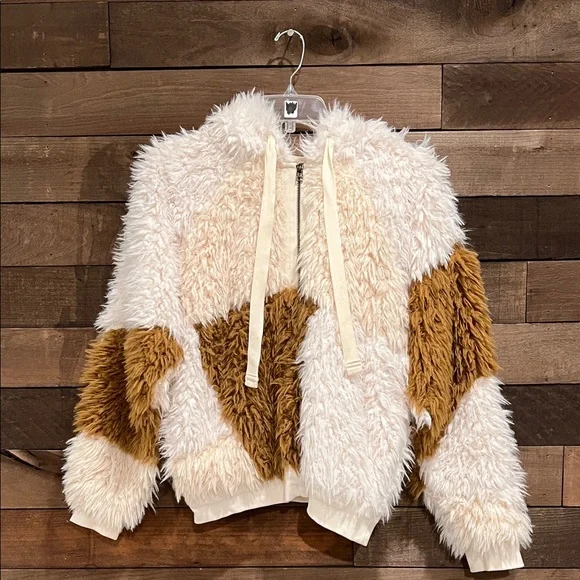 Free People Women's Be Mine Teddy Hooded Pullover Ivory Brown Checker Size Small - Picture 3 of 7